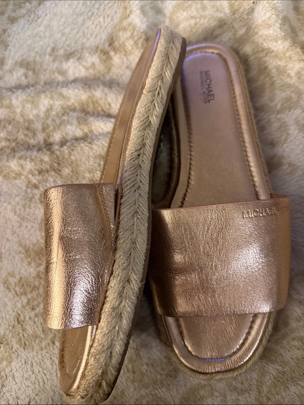 Michael Kors Metallic Rose Gold Leather Espadrille Slide Sandals Size 10